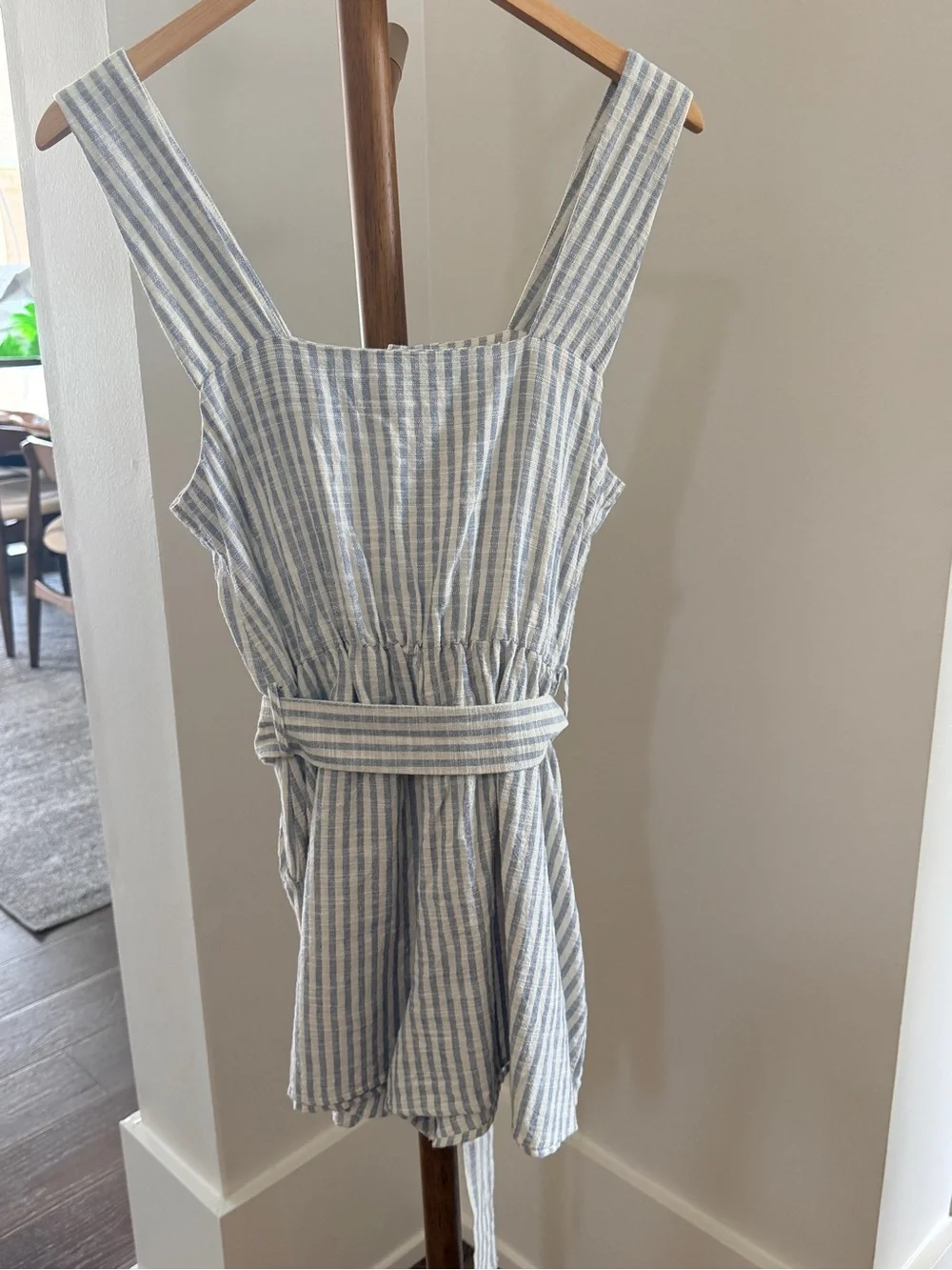 Blue and White Zara Striped Romper with Tie Waist-Small